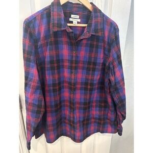LL Bean Relaxed Fit Flannel Shirt Womens 2X Plus Purple Red Plaid Cotton